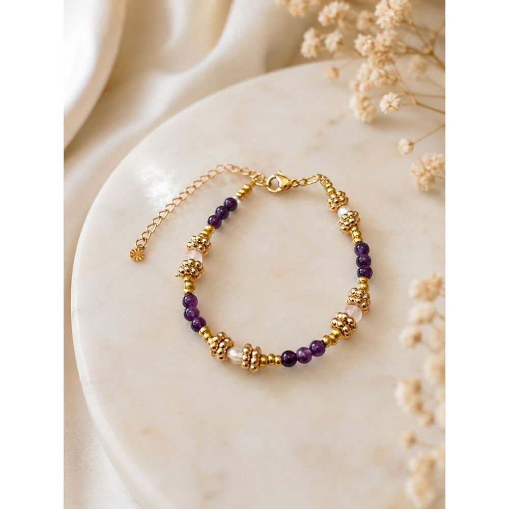 Freshwater Pearl with Amethyst, and Rose Quartz Bracelet Gold Jewelry Handmade